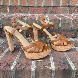 Michael Michael Kors Brown Leather Strappy Cork Heeled Platform Sandals Size 11M